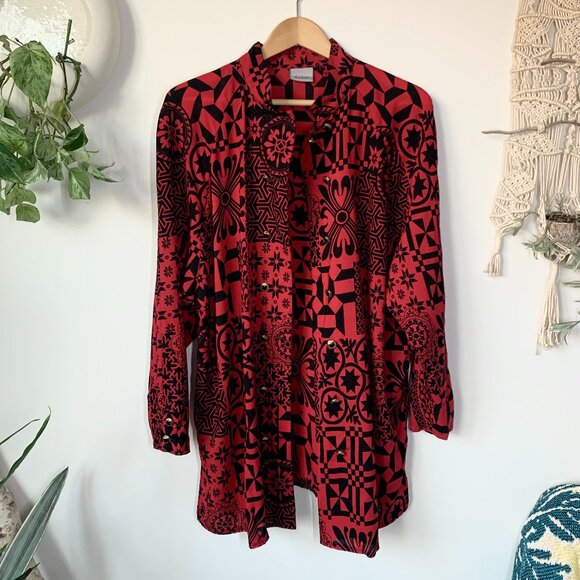 Vintage Modiana Red Black Graphic Pattern Button Up Tunic Dress Shirt Whimsigoth - Picture 6 of 16